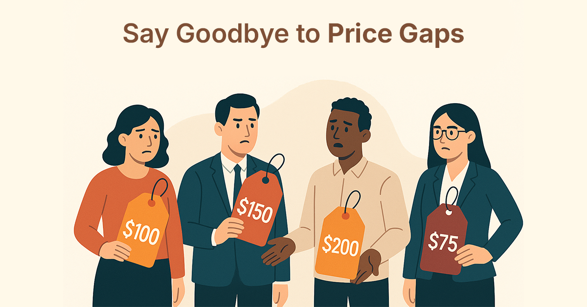 An illustration of four business representatives holding large price tags with different amounts—$100, $150, $200, and $75—looking confused or concerned, symbolizing pricing inconsistencies across sales reps.