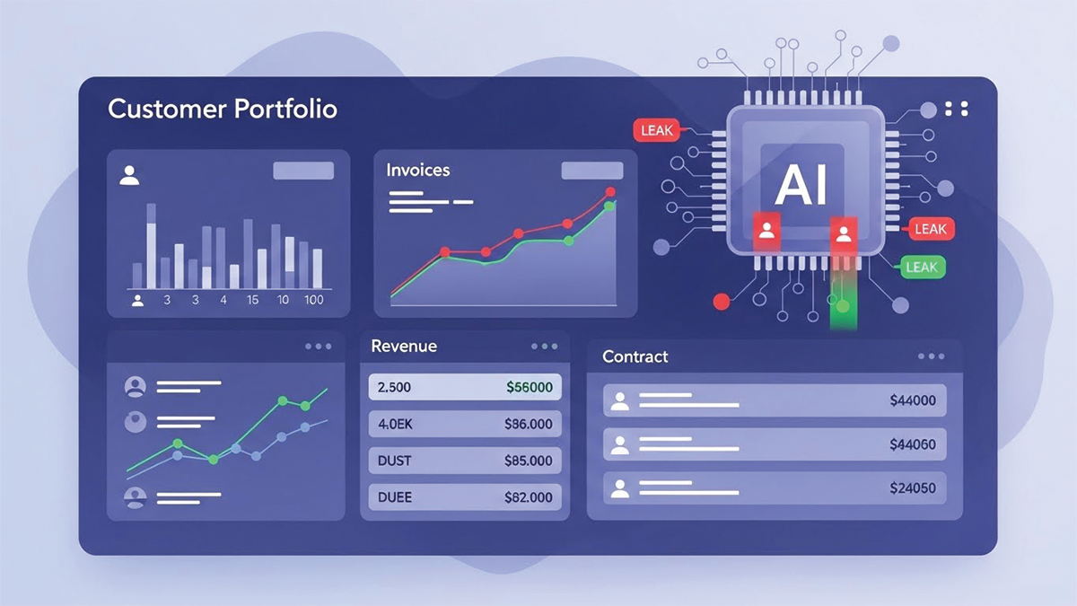 Illustration of AI analyzing financial data to detect revenue leakage across large customer portfolios.