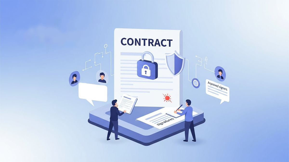 Illustration showing AI monitoring a document during signing to prevent unauthorized edits