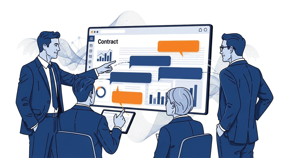 Illustration of AI reviewing digital contracts to reduce disputes in large organizations.