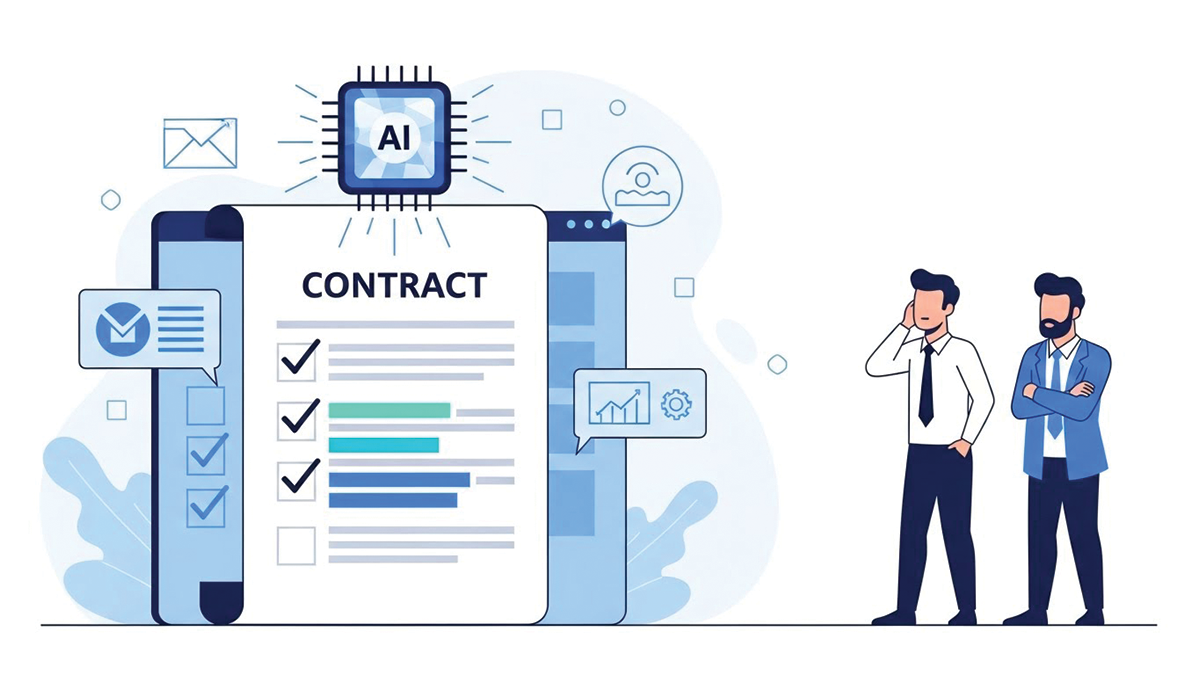 Illustration showing AI analyzing digital contracts to improve clarity and reduce potential disputes