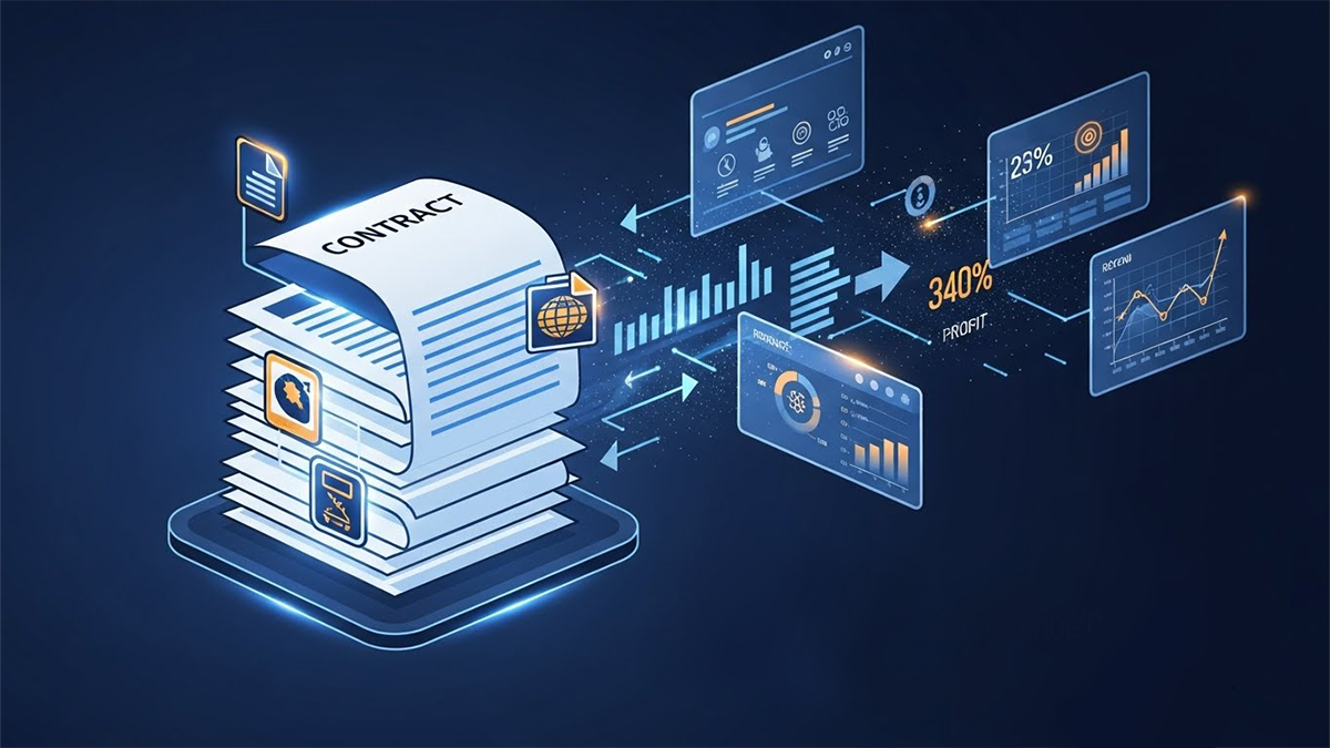 AI analyzing contract data to uncover hidden revenue opportunities through insights, patterns, and financial indicators