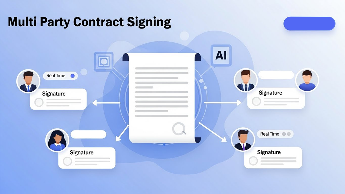 Illustration showing AI powered multi party signing flow with multiple signers approving a contract digitally