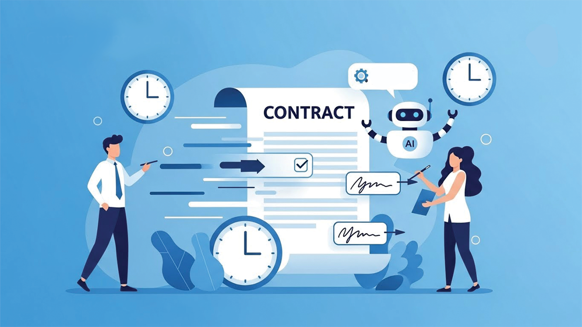 Illustration of small business teams using digital tools to speed up contract turnaround time.