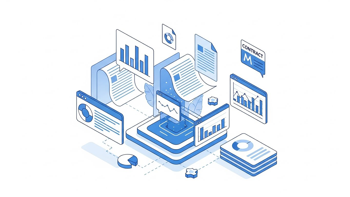 “AI system analyzing digital contracts and generating automated business reports with charts and dashboards.”