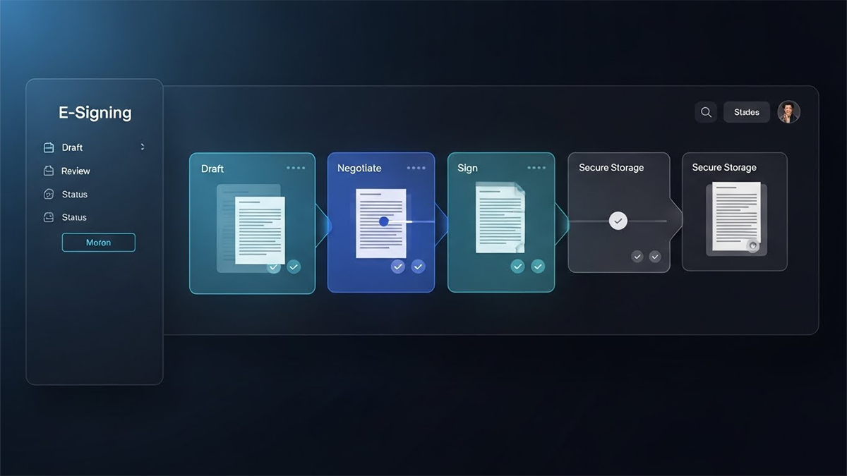End-to-end e-signing contract workflow from draft to review, negotiation, signing, and secure storage