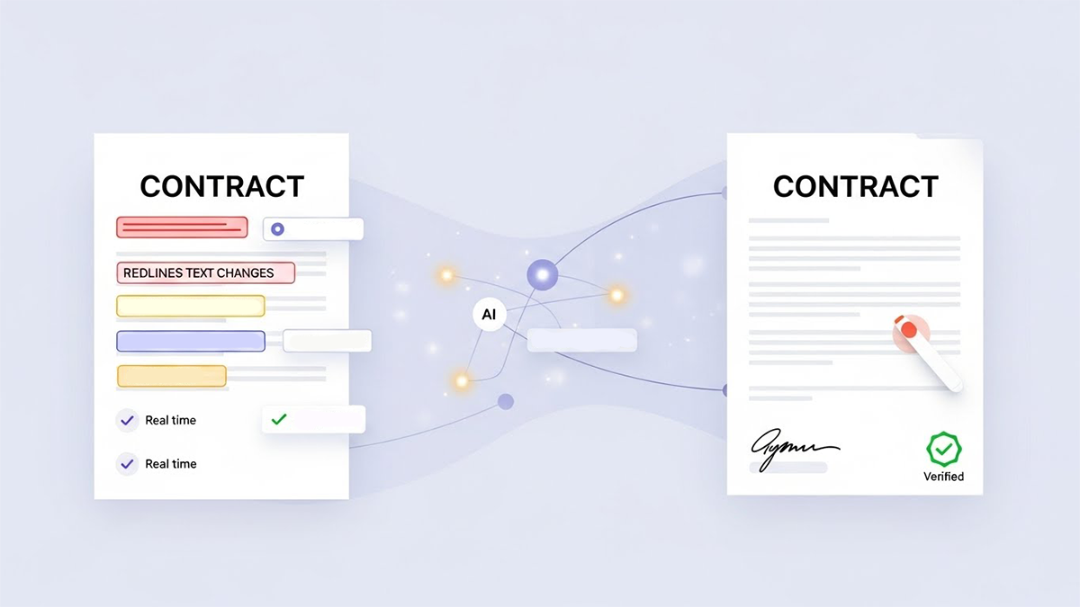 AI-native contract editor showing inline redlines and approvals flowing seamlessly into e-signature signing