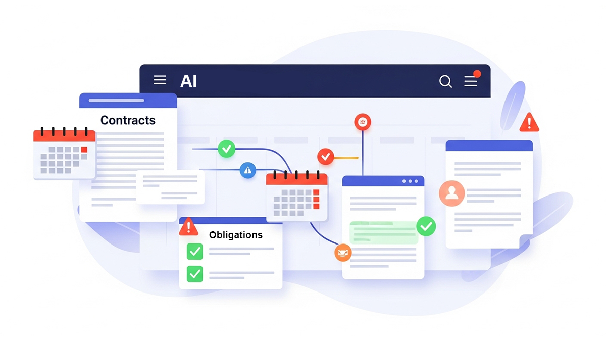 AI contract obligation tracking dashboard showing deadlines and compliance alerts