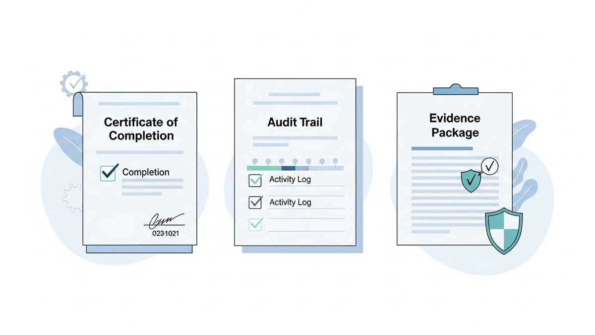 Digital signature certificates showing certificate of completion, audit trail, and evidence package for signed contracts