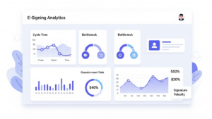 E-signing analytics dashboard showing cycle time, bottlenecks, abandonment rate, and signature velocity metrics