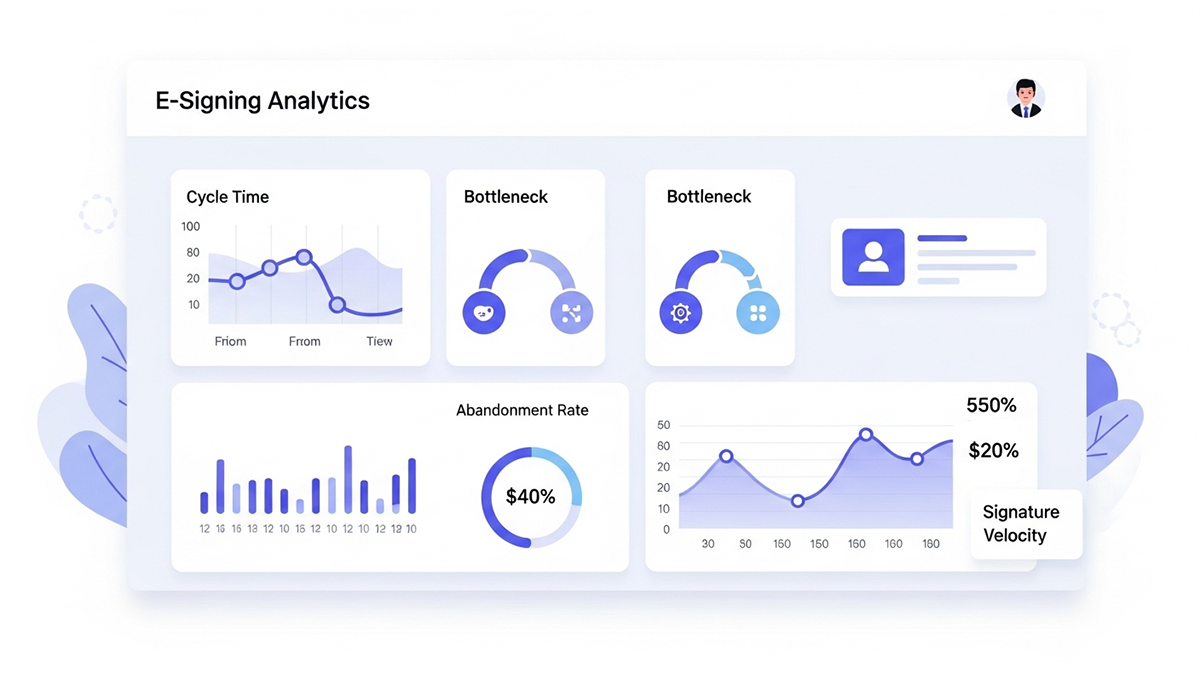 E-signing analytics dashboard showing cycle time, bottlenecks, abandonment rate, and signature velocity metrics