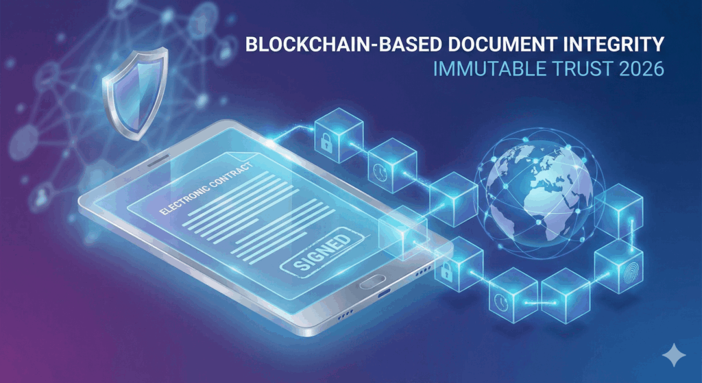 A futuristic digital illustration showing a glowing tablet displaying a "SIGNED" "ELECTRONIC CONTRACT". A chain of interconnected blocks containing padlock, timestamp, and fingerprint icons emerges from the tablet and wraps around a globe with a network overlay. A shield icon is on the left. Text at the top reads "BLOCKCHAIN-BASED DOCUMENT INTEGRITY" and "IMMUTABLE TRUST 2026".