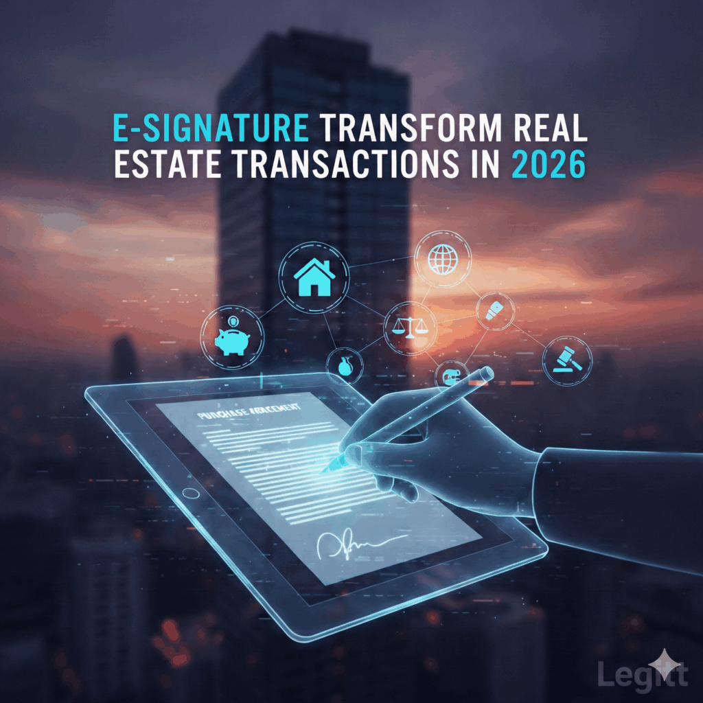 A person using a digital stylus to sign a real estate purchase agreement on a glowing tablet, with a futuristic city skyline and digital icons representing housing and legal compliance in the background.