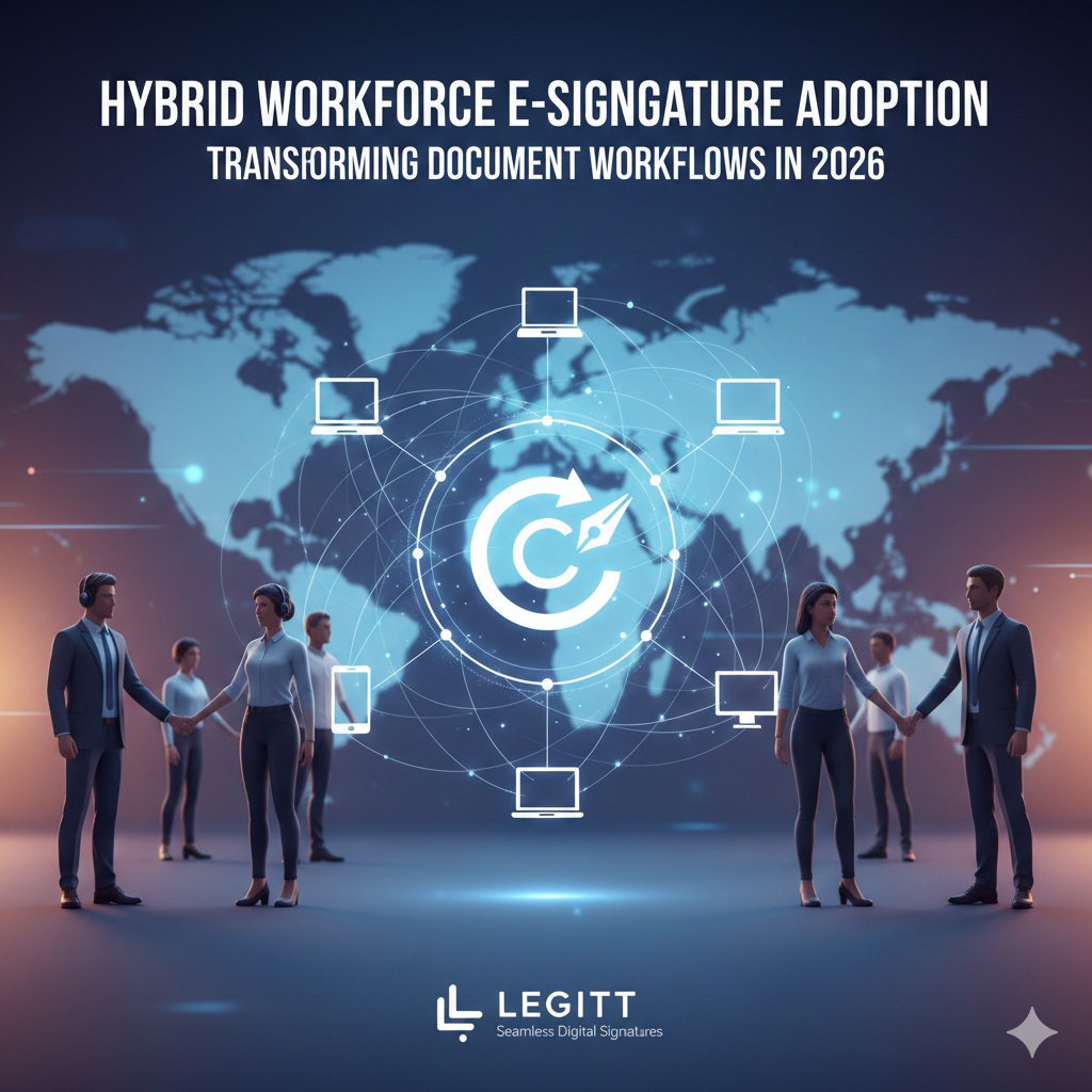 A futuristic conceptual graphic showing a global map and connected hybrid workers using laptops and mobile devices for digital document signing, featuring Legitt and the title 'Hybrid Workforce E-Signature Adoption: Transforming Document Workflows in 2026'.