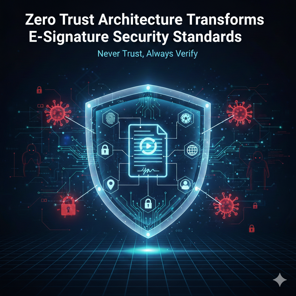 A futuristic digital shield protecting a document with an e-signature, featuring icons for multi-factor authentication, biometric verification, and global security nodes to illustrate Zero Trust Architecture security standards.