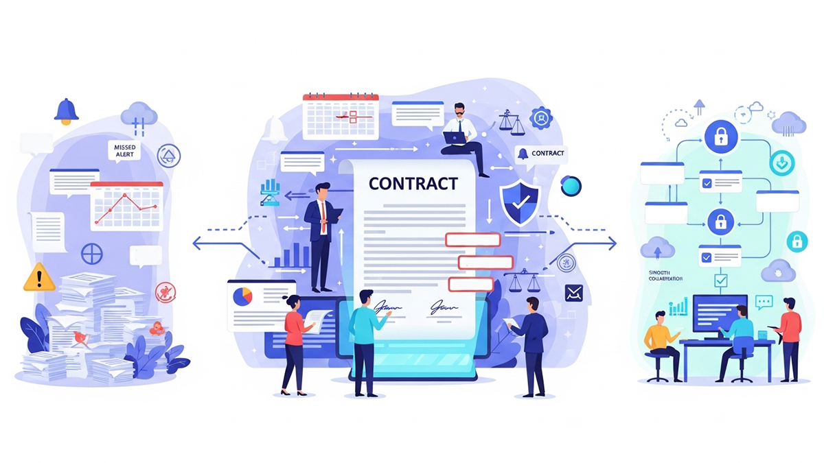 AI-powered contract management dashboard analyzing business contracts for compliance, risk visibility, and contract lifecycle management