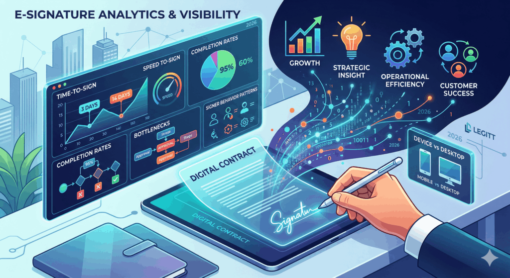 A hand signs a digital contract on a tablet, with data flowing into a large analytics dashboard showing business intelligence metrics and charts.