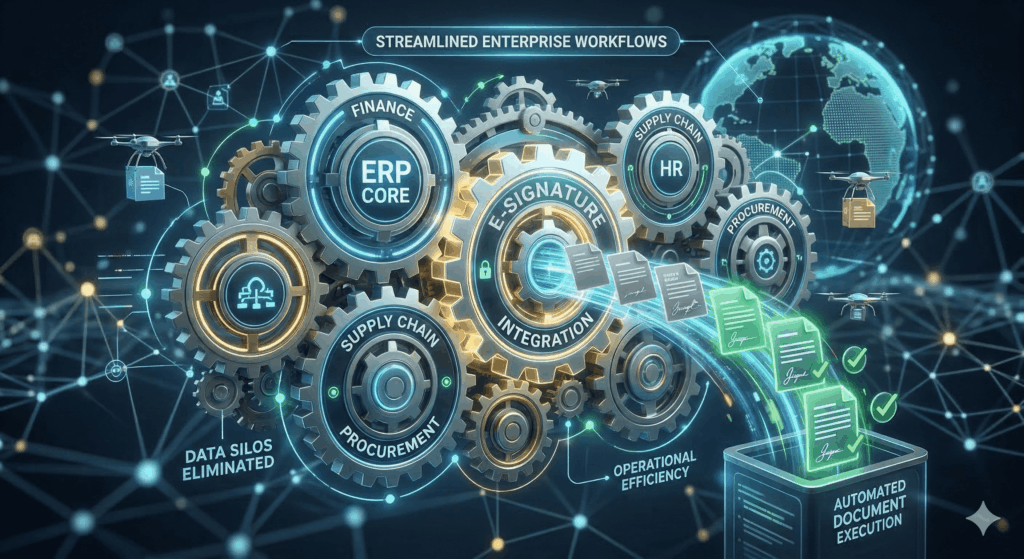 A 3D illustration of interconnected gears representing ERP Core, Finance, HR, and Supply Chain, seamlessly meshing with a glowing E-Signature Integration gear to automate digital document processing.