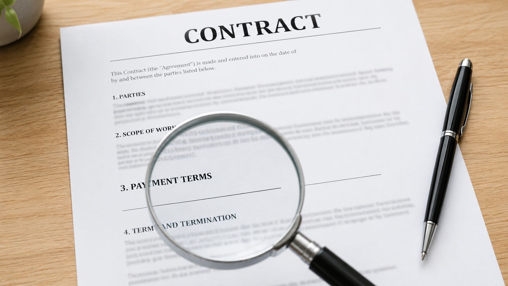 A magnifying glass placed over a printed contract document on a wooden desk next to a pen.