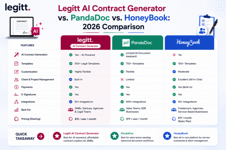 Legitt AI Contract Generator vs. PandaDoc vs. HoneyBook: 2026 Comparison