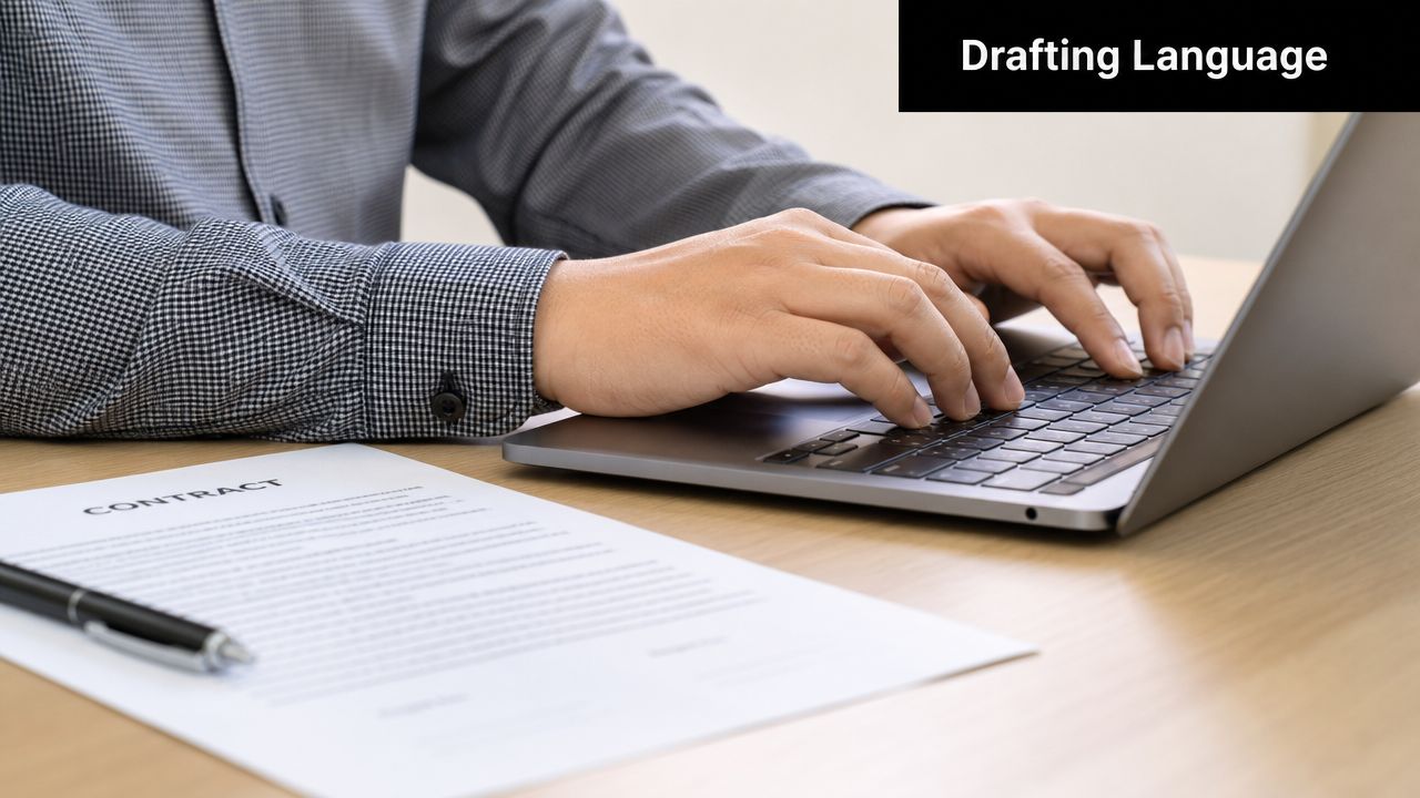 A professional person typing on a laptop with a legal contract and pen on the desk.