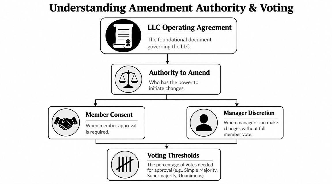 A flowchart explaining how to amend an LLC operating agreement through member consent or manager discretion.