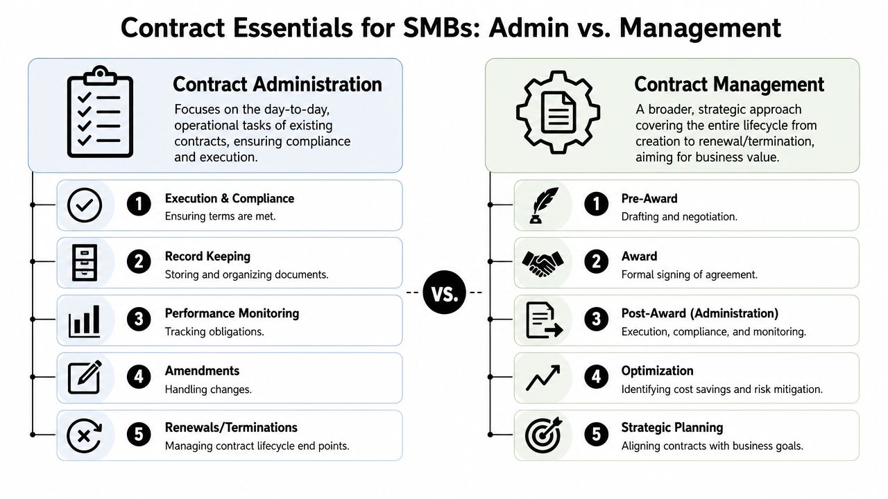 A comparison infographic detailing the differences between contract administration and contract management for small businesses.