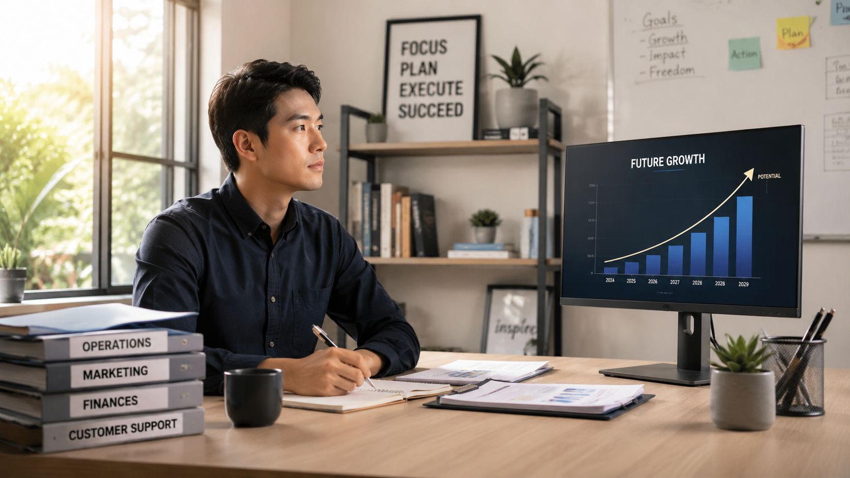 A professional man writing in a notebook while looking at a future growth chart on his monitor.