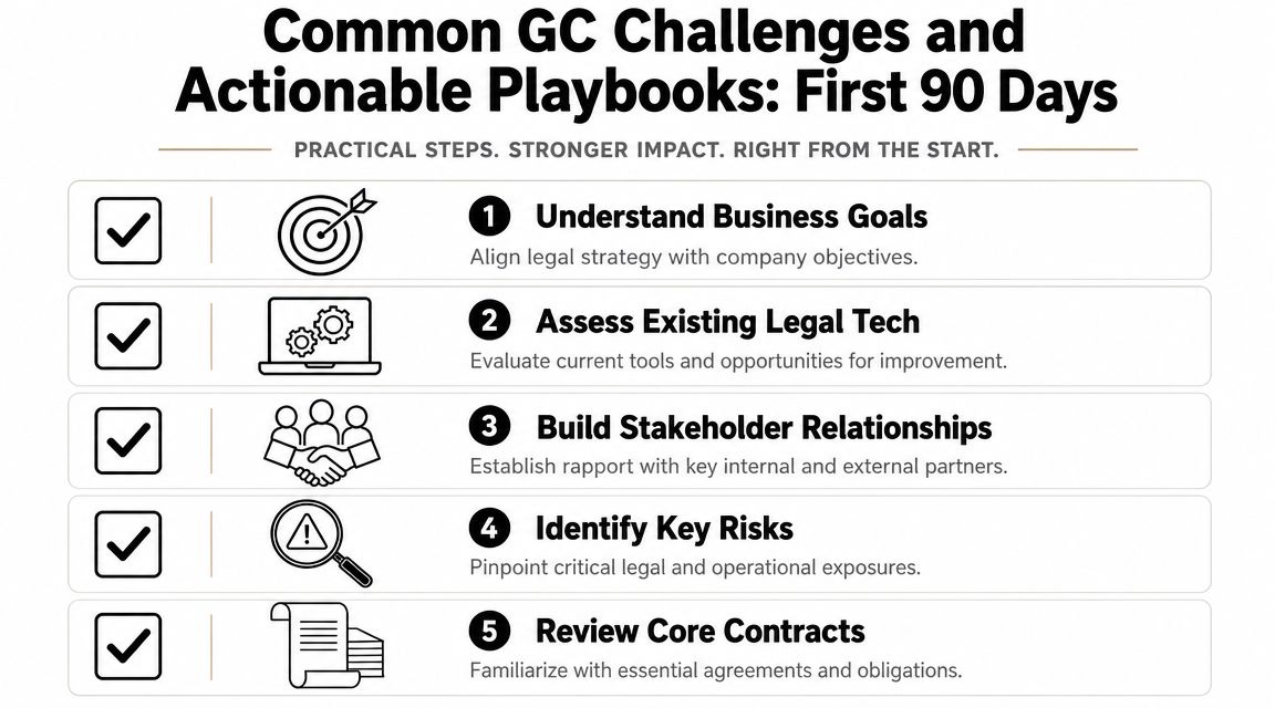 A checklist infographic outlining five key strategic steps for a new general counsel's first ninety days.