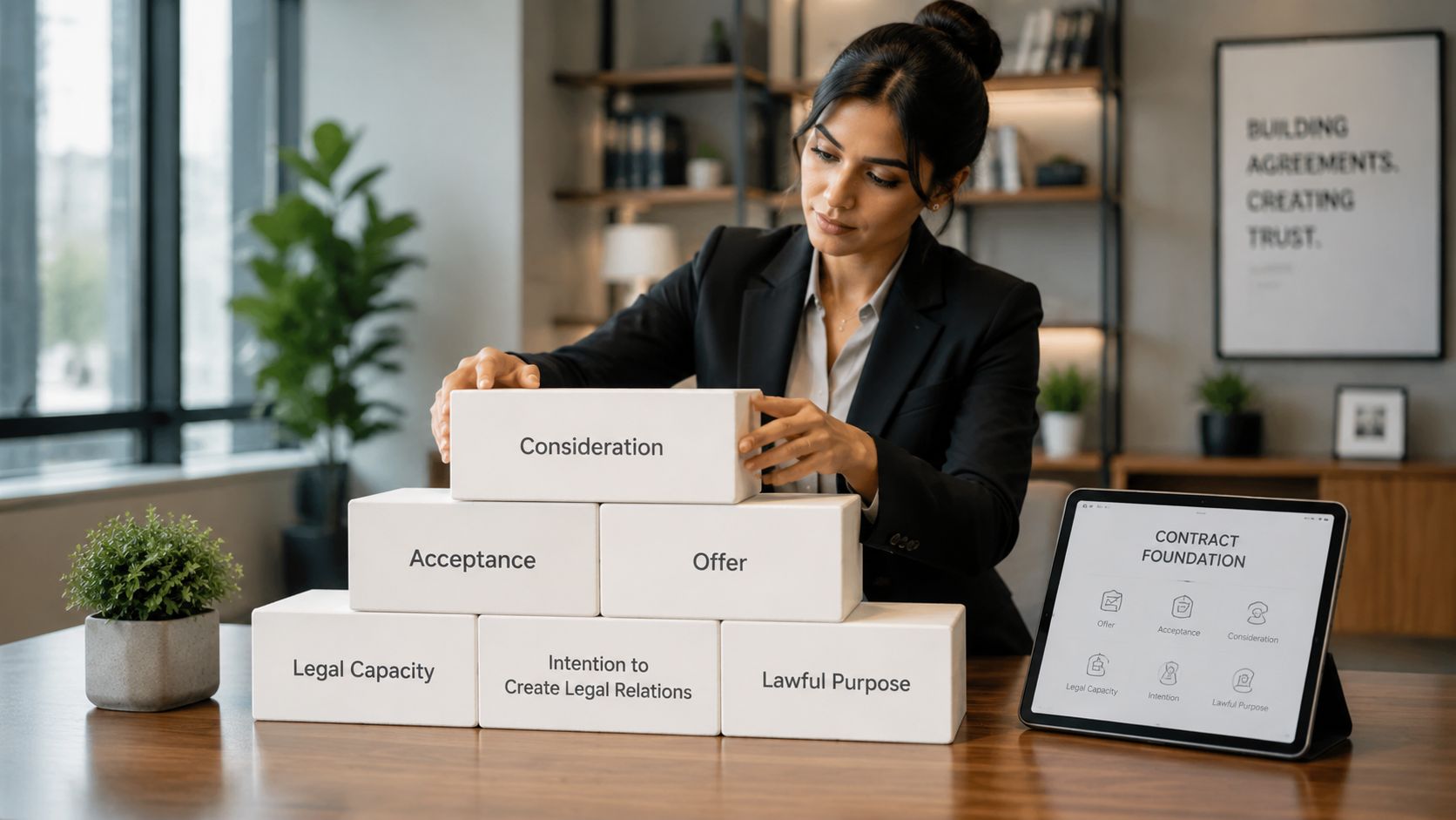 A professional businesswoman building a tower of blocks representing the legal foundations of a valid contract.