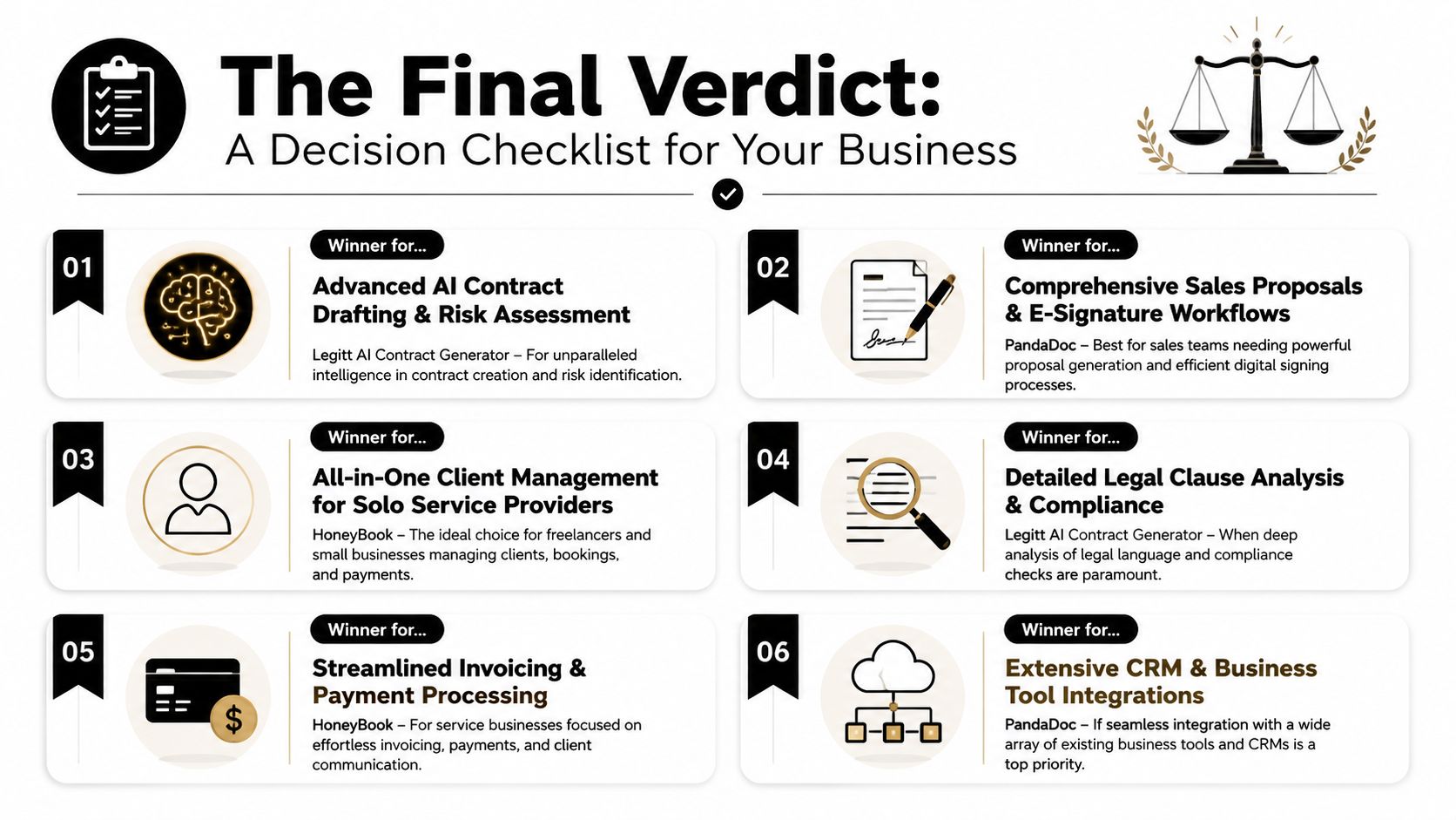 An infographic summarizing a comparison of business tools: Legitt AI Contract Generator, PandaDoc, and HoneyBook.
