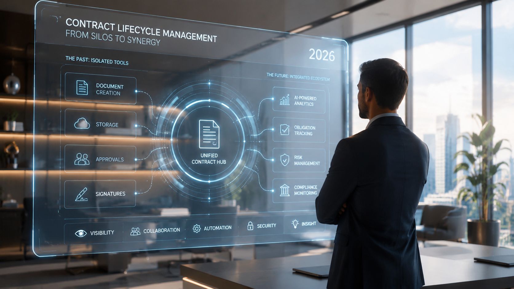 A professional man in a suit looking at a futuristic digital interface about contract lifecycle management.