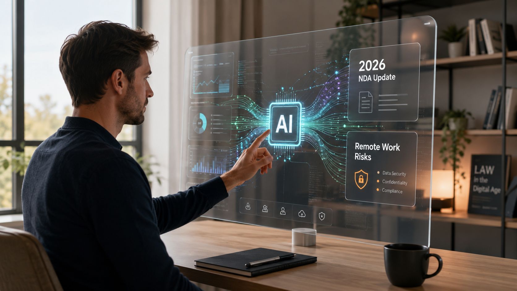 A professional man interacting with a futuristic AI digital interface displaying NDA and data security information.