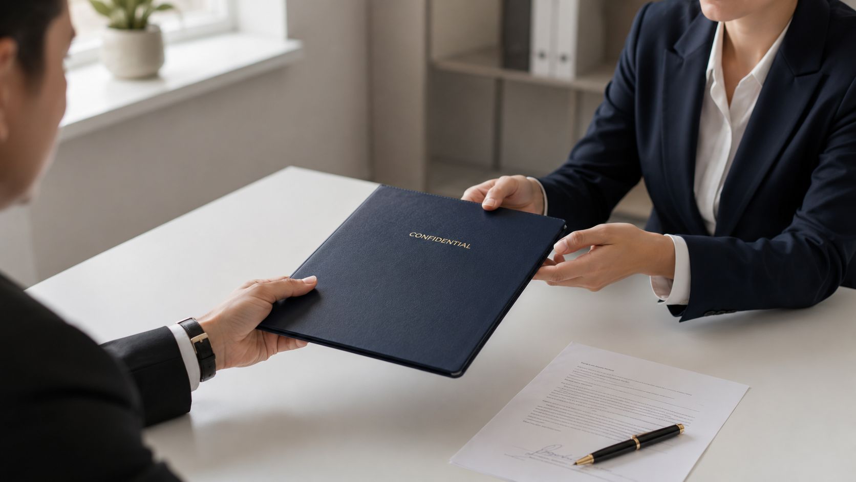 A professional business person handing a confidential folder to another colleague across an office desk.