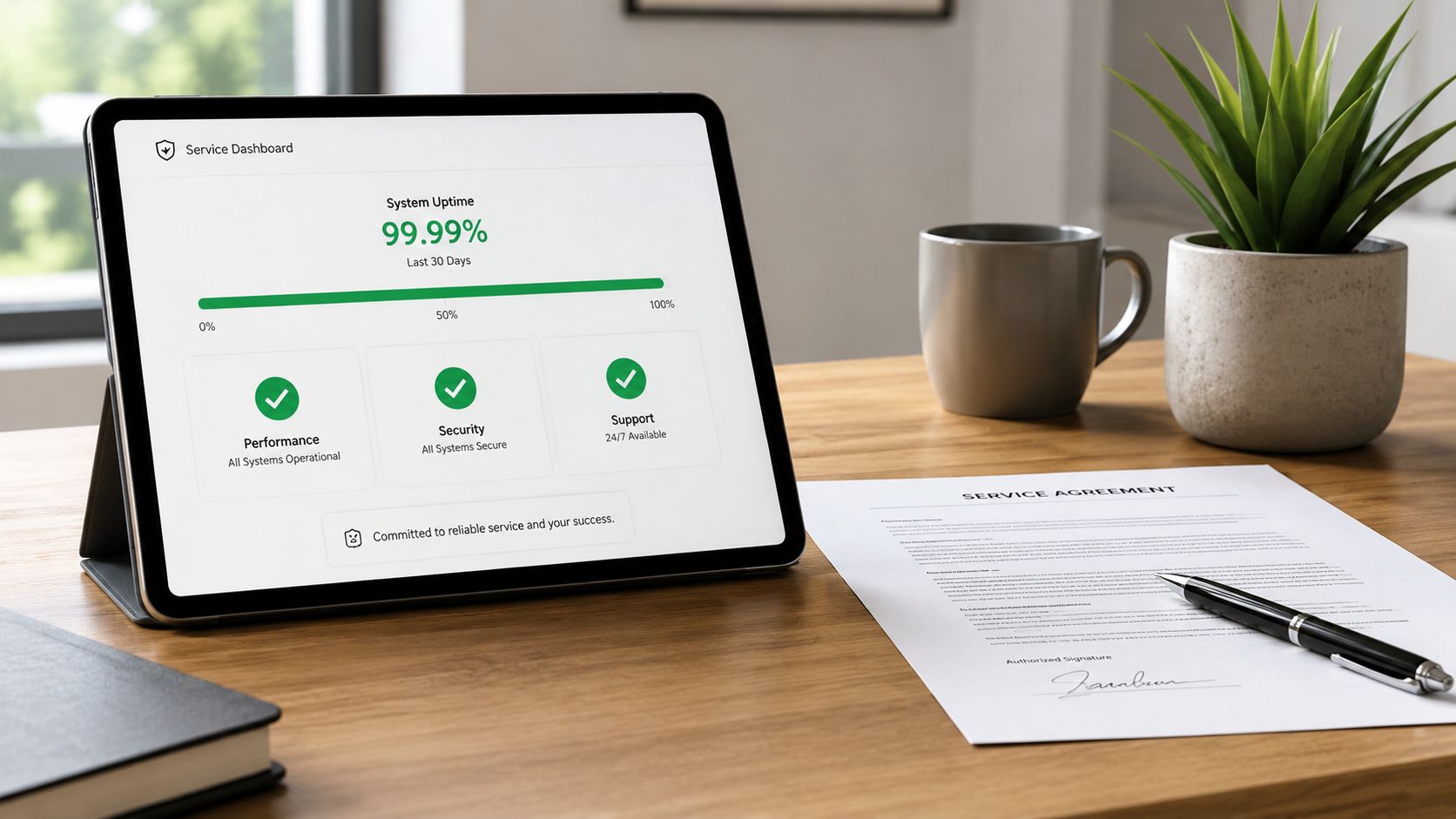 A digital tablet displaying a Service Dashboard showing 99.99% system uptime next to a service agreement document.