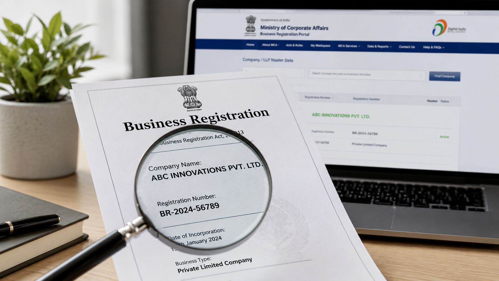 A magnifying glass focusing on business registration documents for ABC Innovations Pvt Ltd next to a laptop.