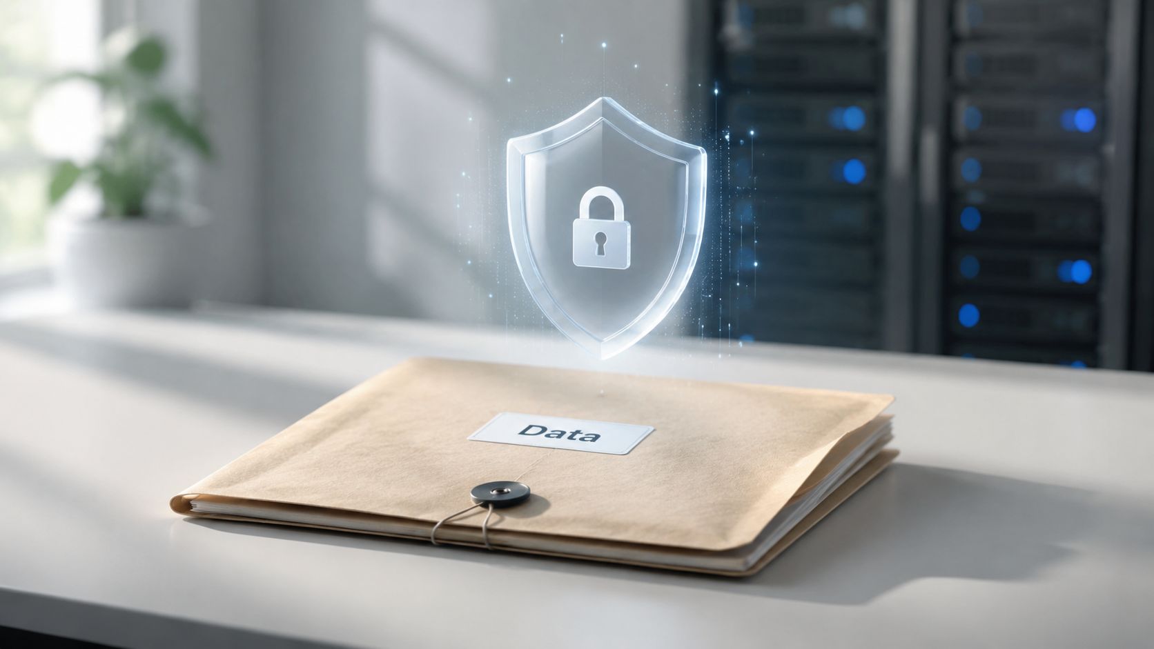 A manila file folder labeled Data with a glowing digital security shield icon floating above it.