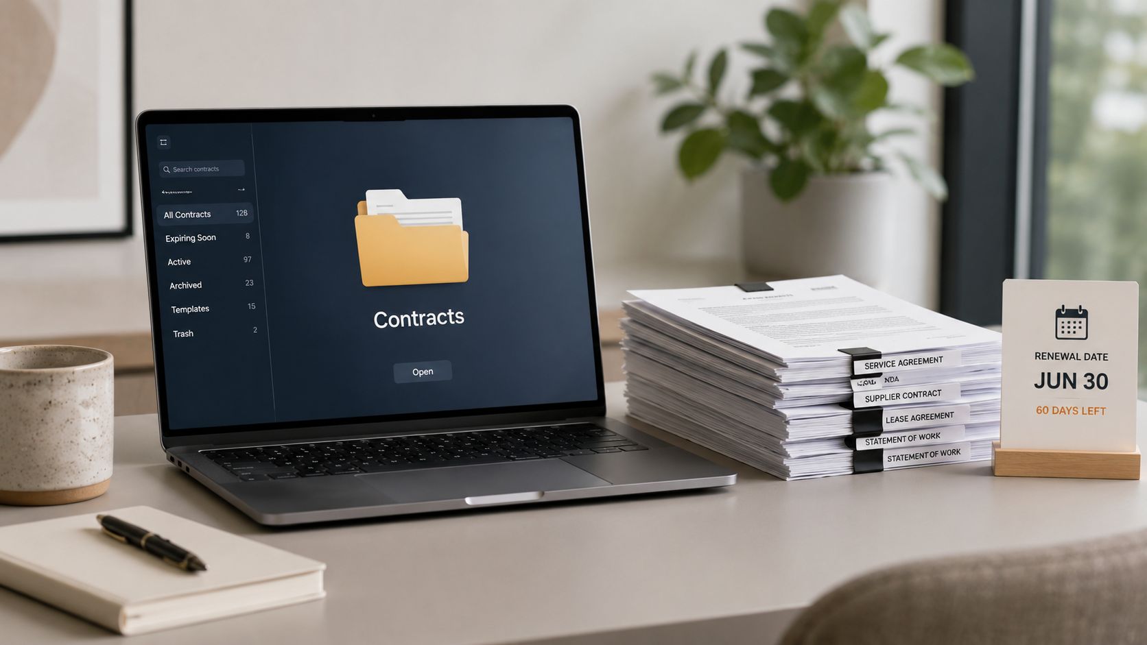 A laptop displaying a contract management dashboard on a desk next to physical document stacks.