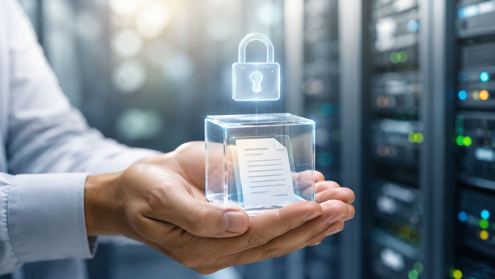 A person holding a glowing holographic digital document protected by a secure padlock inside a cube.
