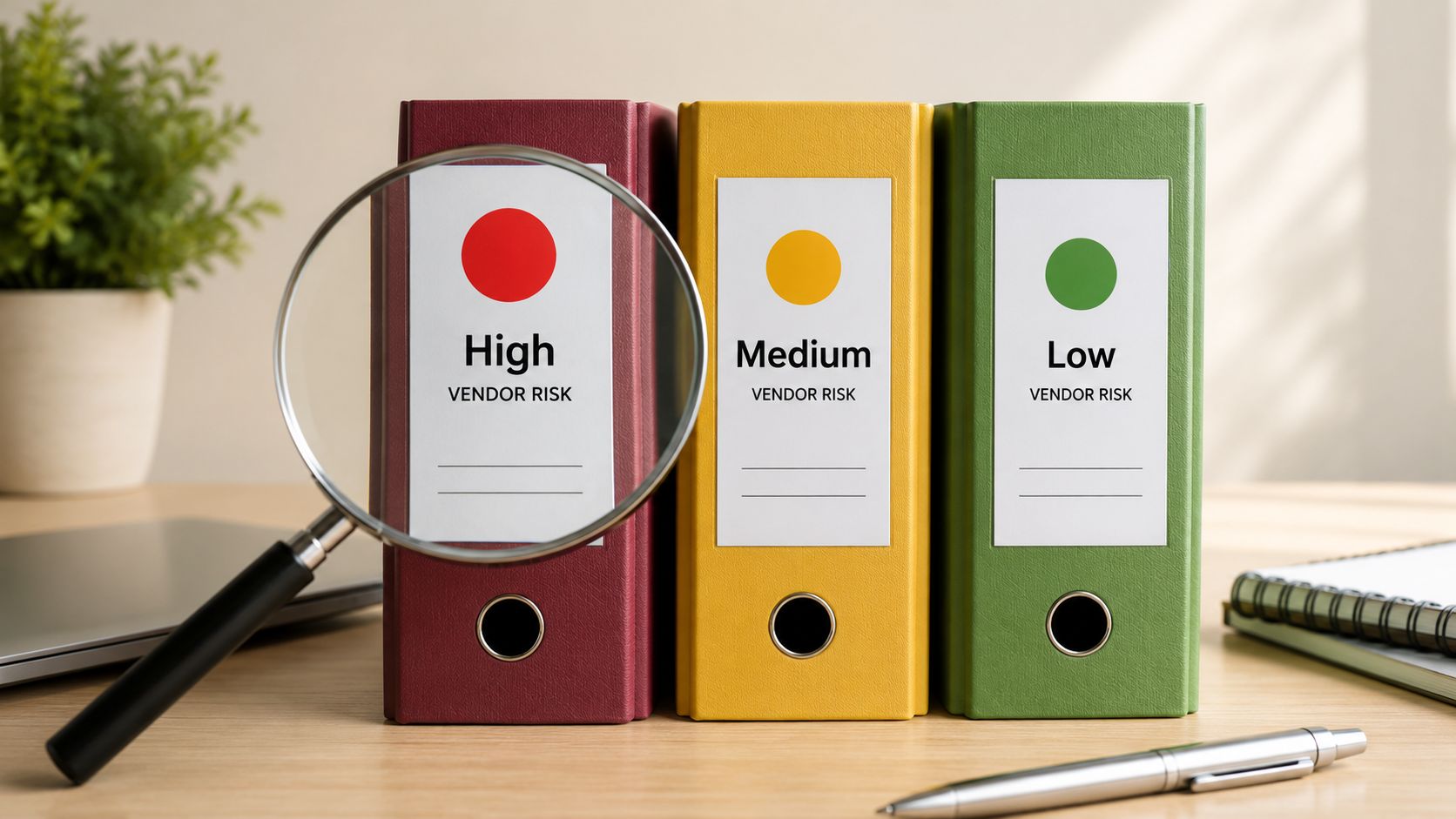 Three colored binders labeled High, Medium, and Low vendor risk positioned with a magnifying glass.