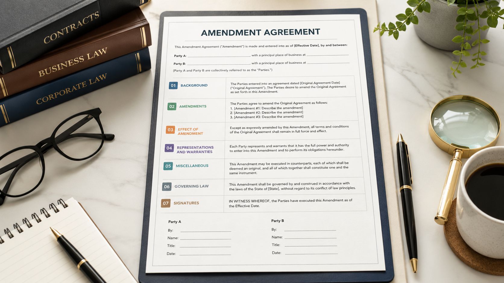 A professional document template for an Amendment Agreement laid out on a clean, organized office desk.