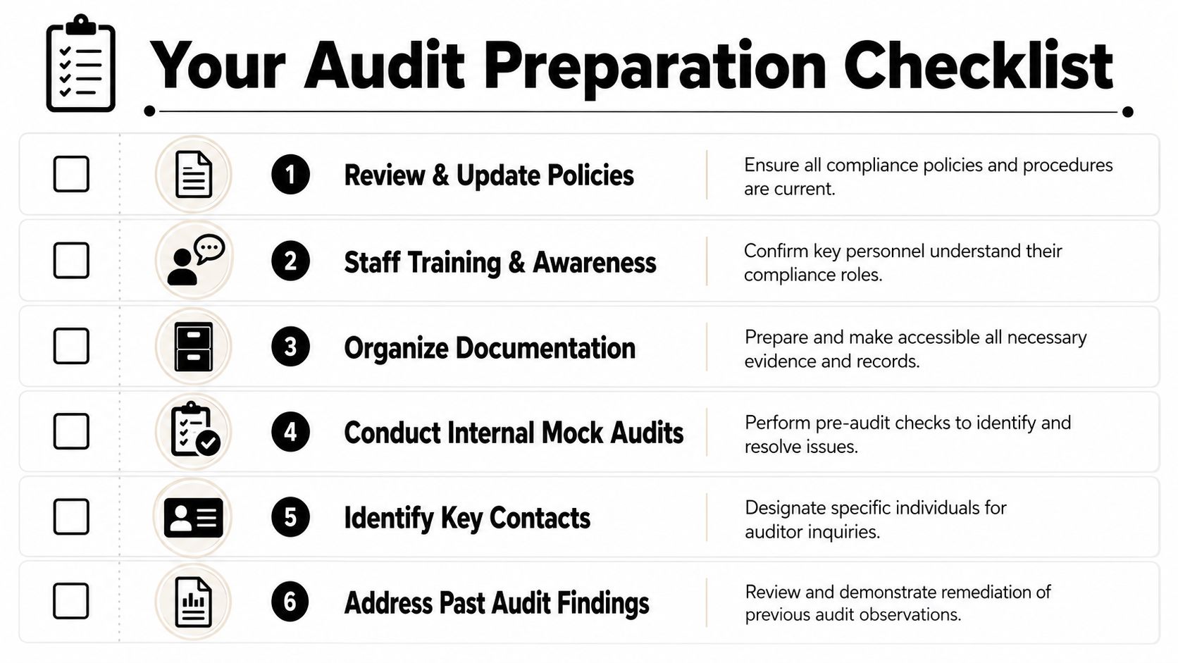 A six-step audit preparation checklist infographic listing tasks to ensure organizational compliance and audit readiness.