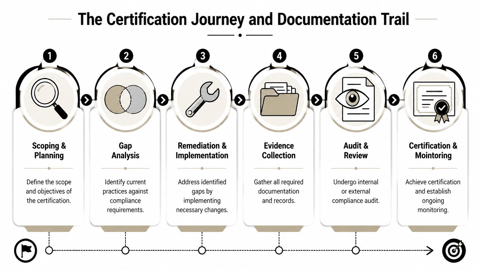 A six-step infographic detailing the certification journey, from scoping and gap analysis to auditing and monitoring.