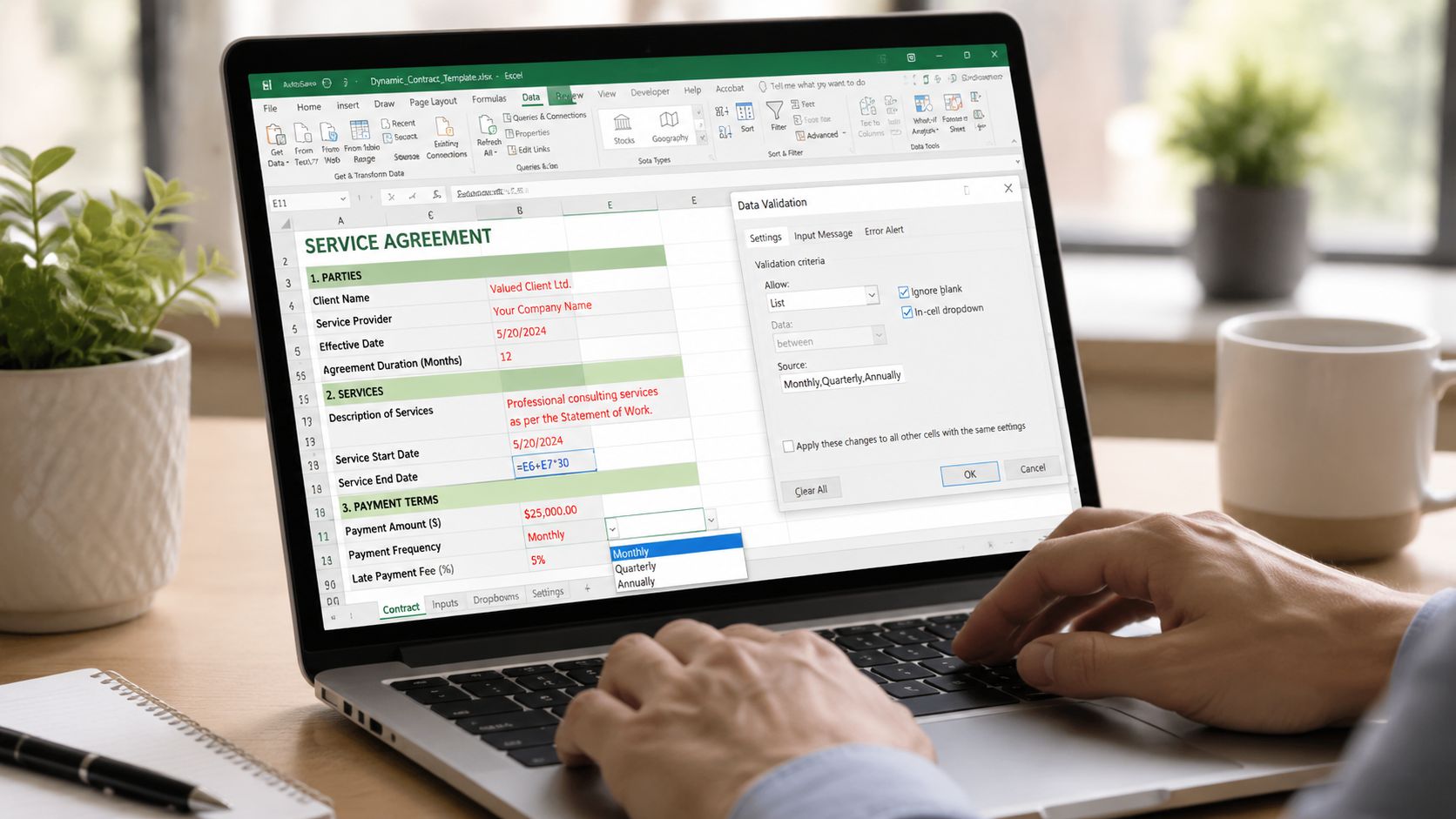 A person using a laptop to edit a service agreement contract template in Microsoft Excel.