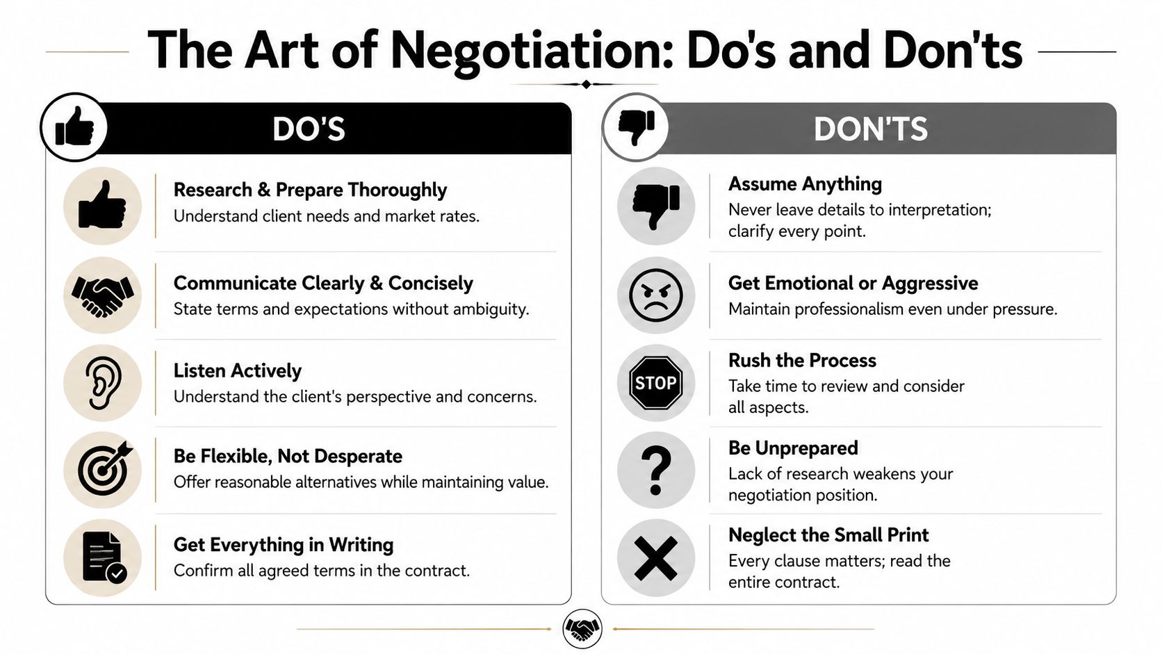 A professional infographic titled The Art of Negotiation outlining key do's and don'ts for successful business negotiations.