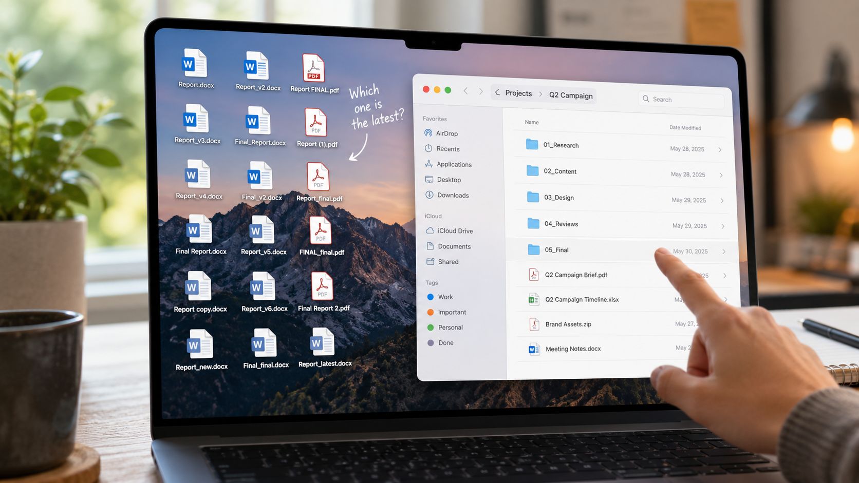 A laptop screen showing multiple confusing document file versions with a person pointing at a file.