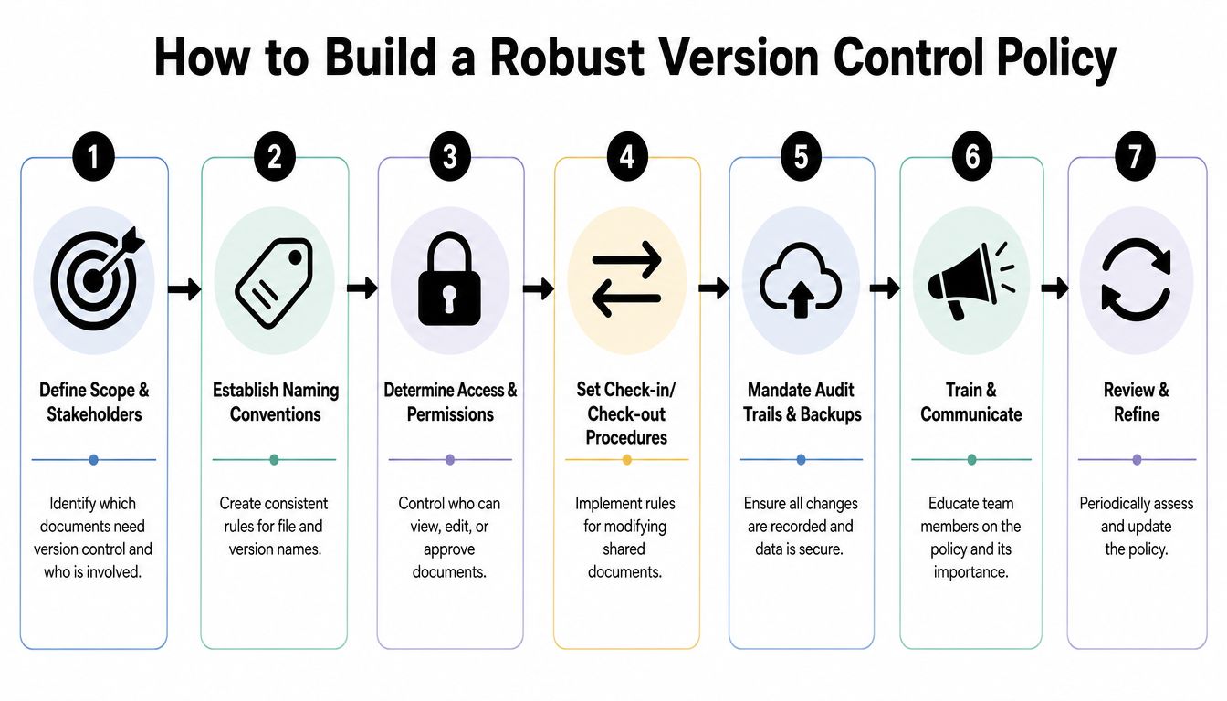 A seven-step flowchart infographic explaining how to develop a robust document version control policy.