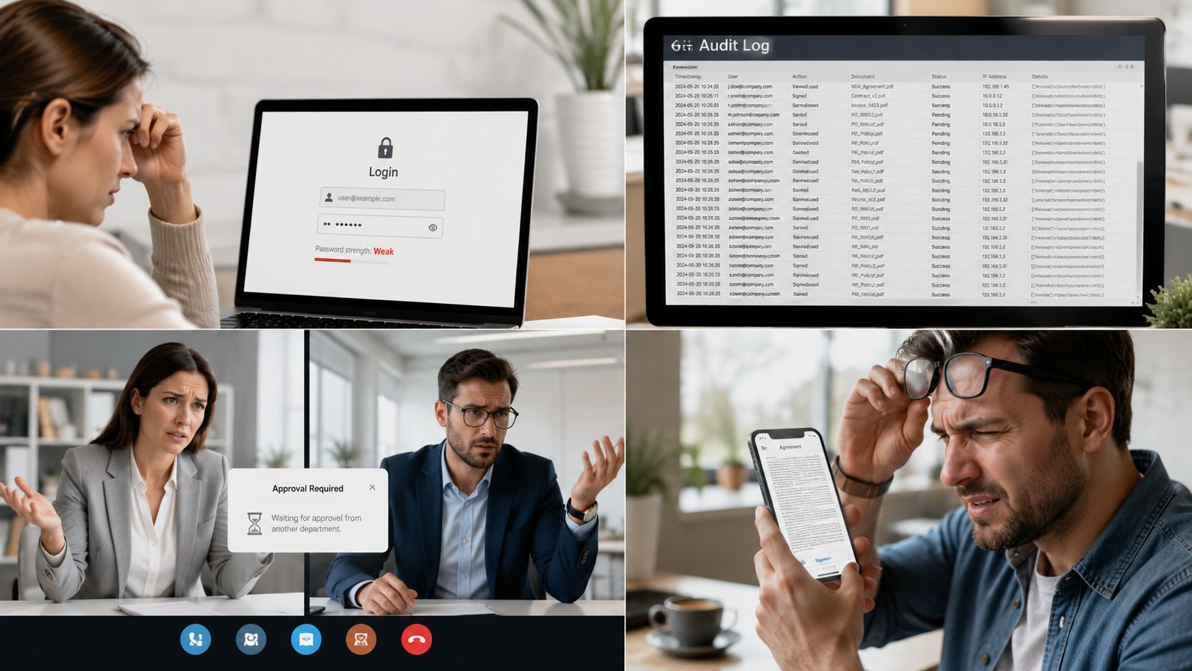 A collage showing professionals struggling with electronic signature software, security warnings, and approval workflows in an office.