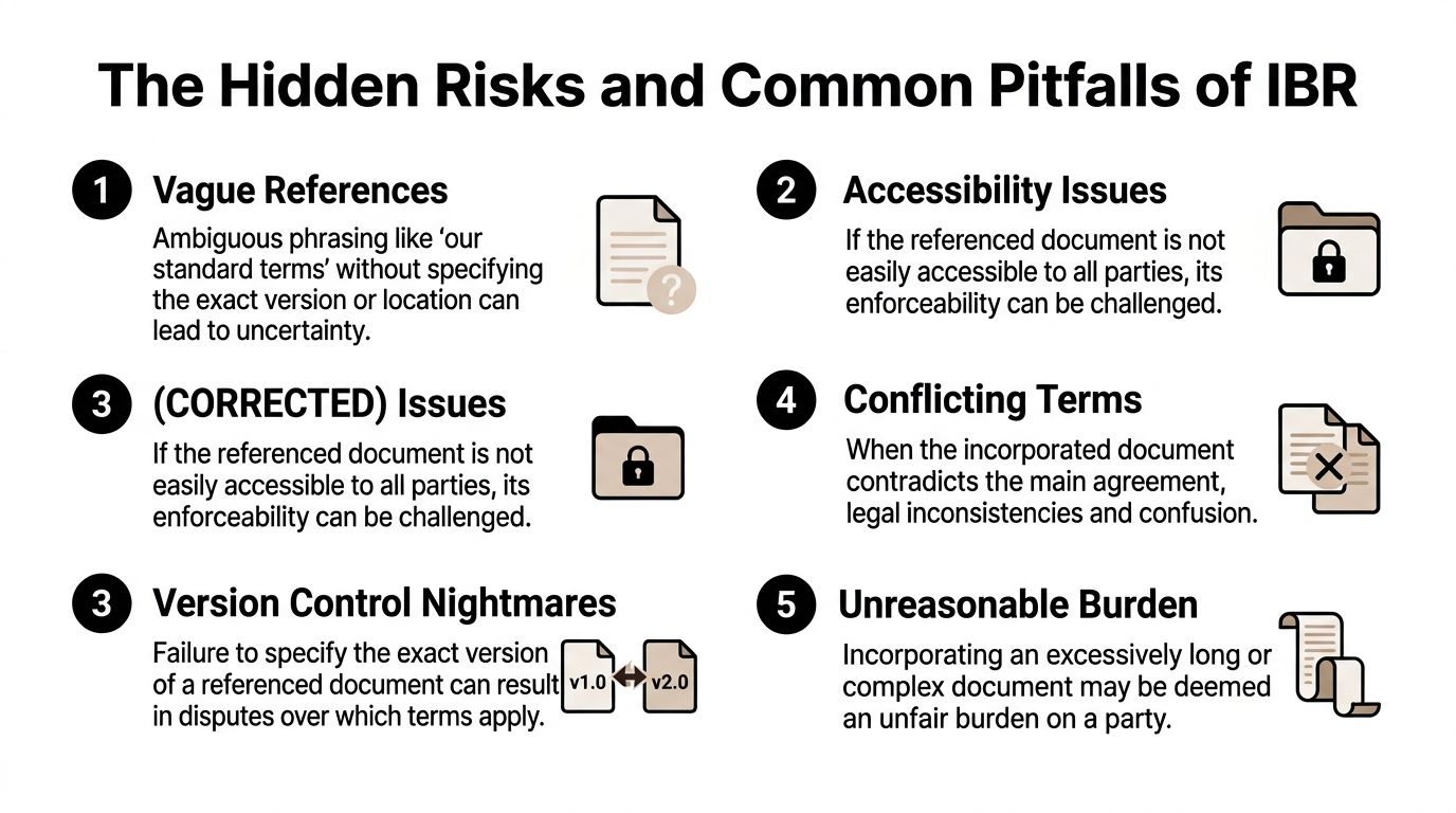 An infographic detailing the hidden risks and common pitfalls of incorporation by reference in legal contracts.