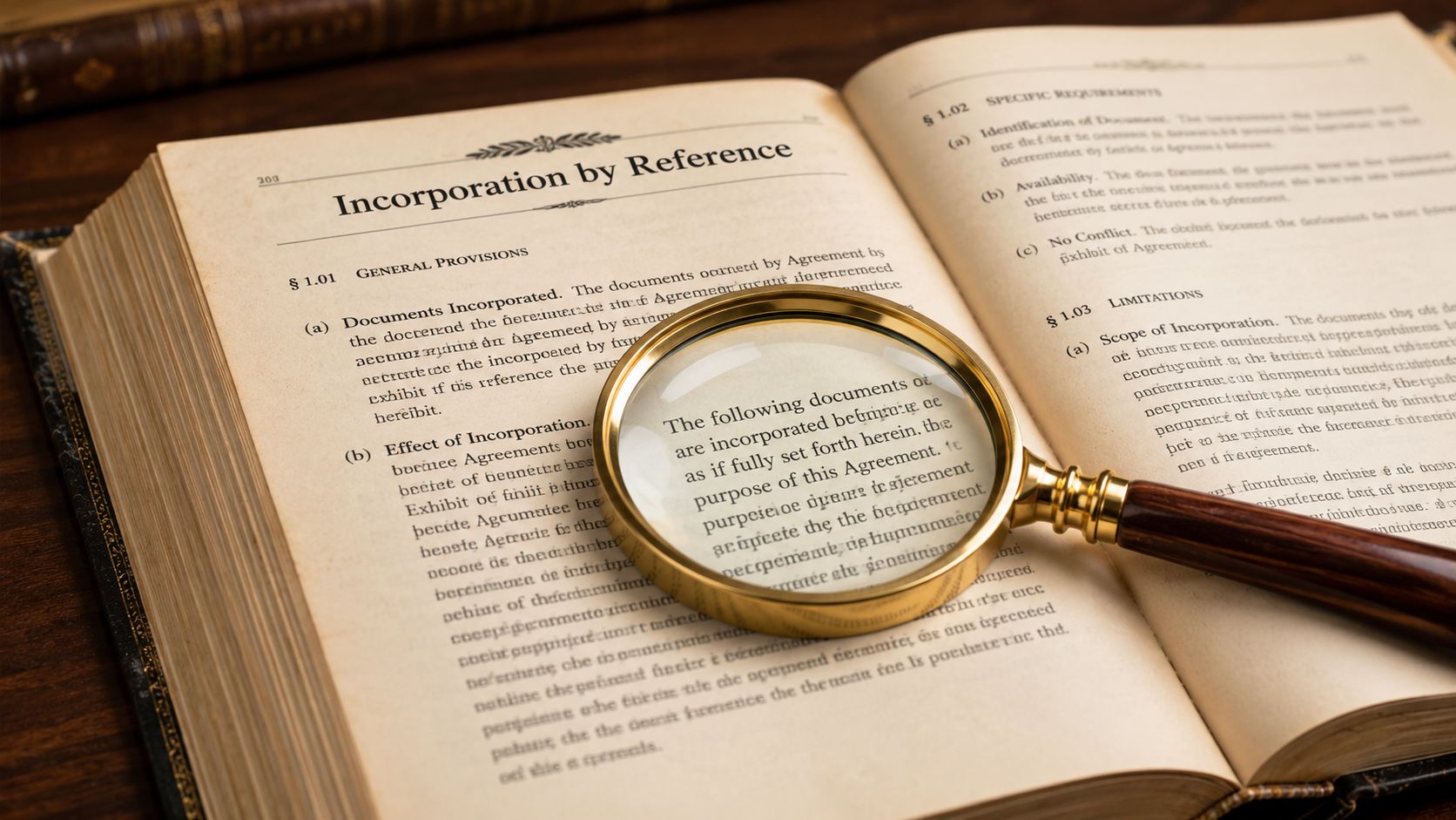 A magnifying glass resting on an open law book showing the legal heading Incorporation by Reference.